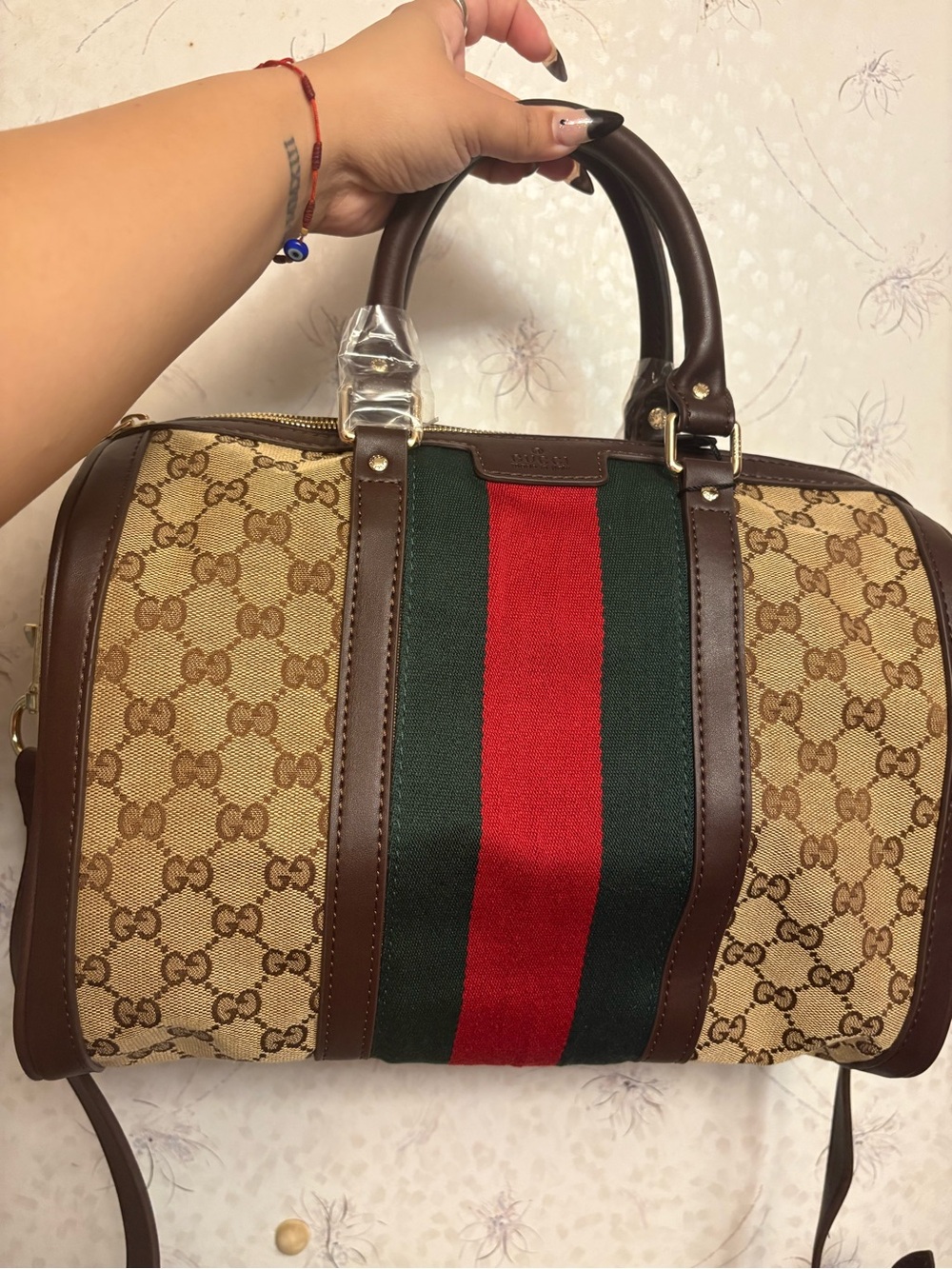 Brown Canvas Satchel with Red & Green Web Stripe